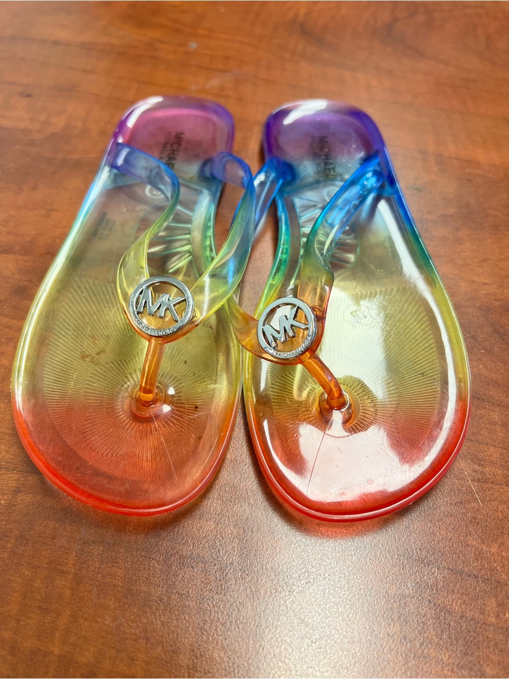 Michael Kors Rainbow Gradient Jelly Flip Flops with MK Medallions kids Sz 2